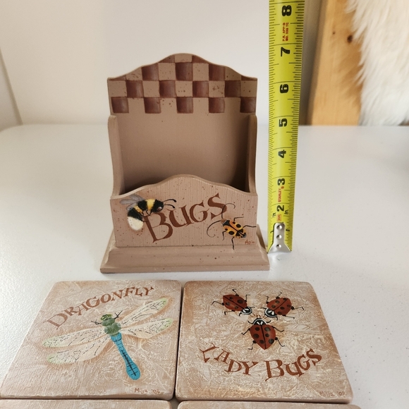 Vintage 1990s Hand Painted Wood Coasters Bees Dragonfly Lady Bugs Folk Art Set - Picture 6 of 8